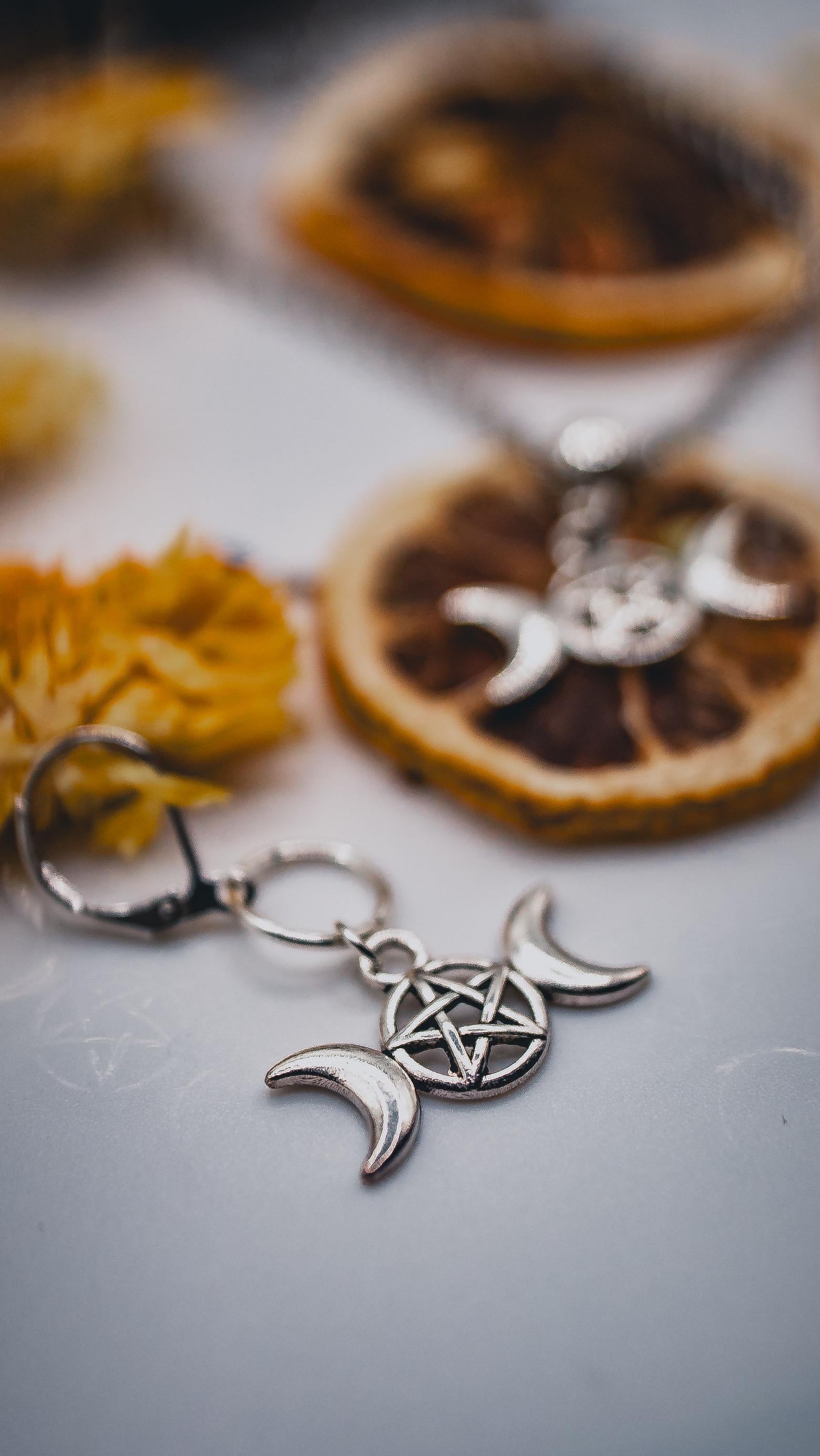 Small Triple Moon Goddess Earrings (Silver)